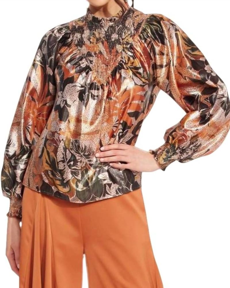 Front of a model wearing a size L Amalia Top in Glitter Bloom in Glitter Bloom by EVA FRANCO. | dia_product_style_image_id:332450